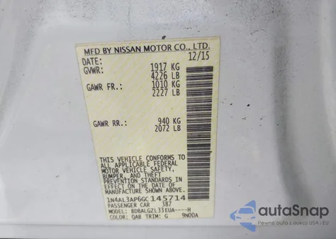 2016 Nissan Altima 2.5 S from USA, damaged, VIN 1N4AL3AP6GC145714